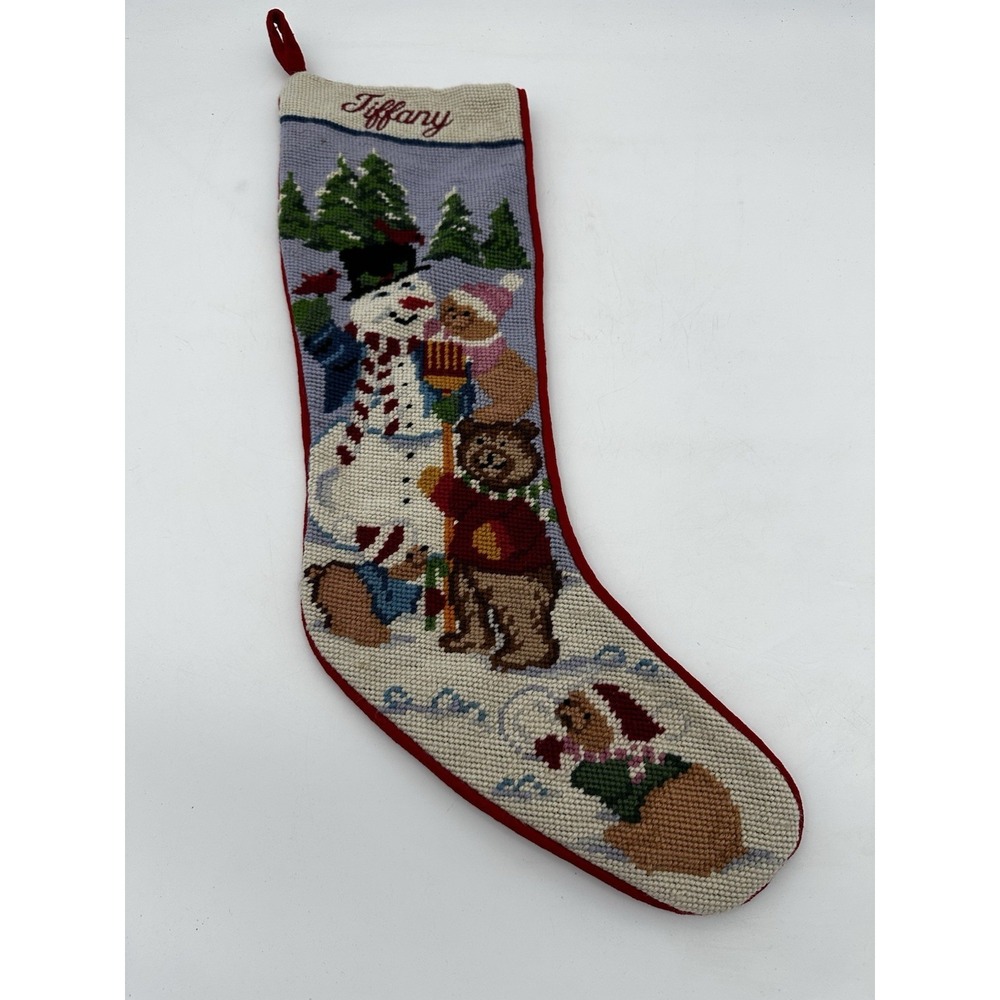 Needlepoint Wool Christmas Stocking Customized TIFFANY 19" Snowman Bears Vintage